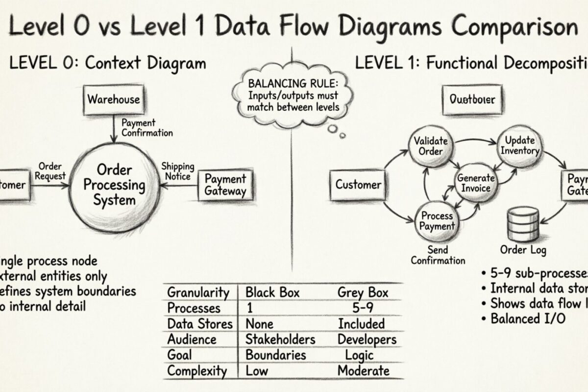DFD-Leitfaden: Level 0 im Vergleich zu Level 1 Datenflussdiagrammen