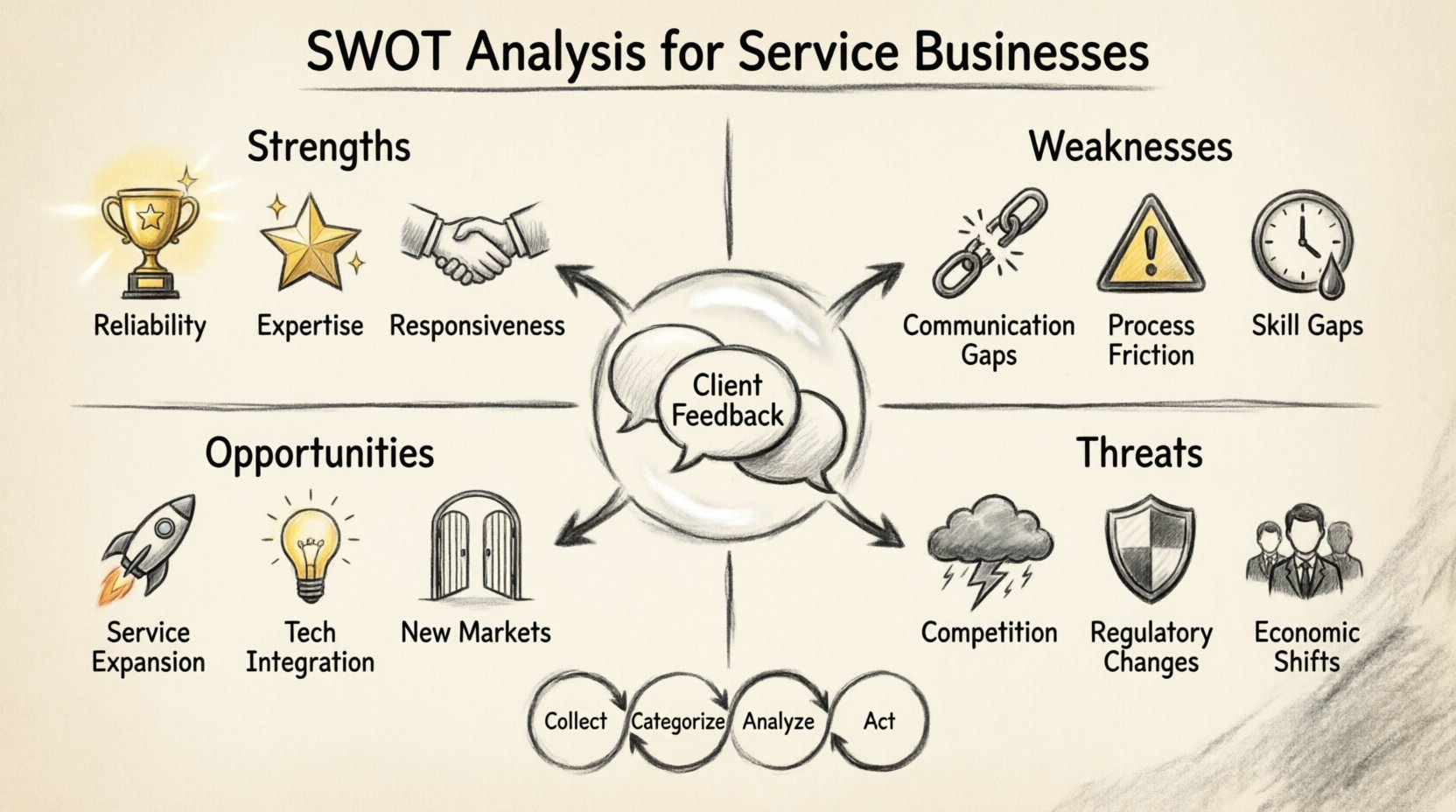 SWOT-Analyse für Dienstleistungsunternehmen: Kundenfeedback in strategische Stärke verwandeln