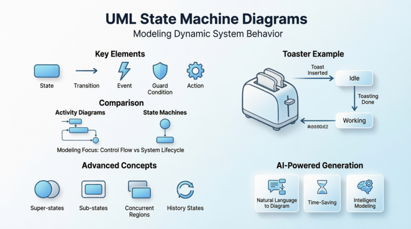 La guía completa para los diagramas de máquinas de estados UML: conceptos, ejemplos y modelado impulsado por IA