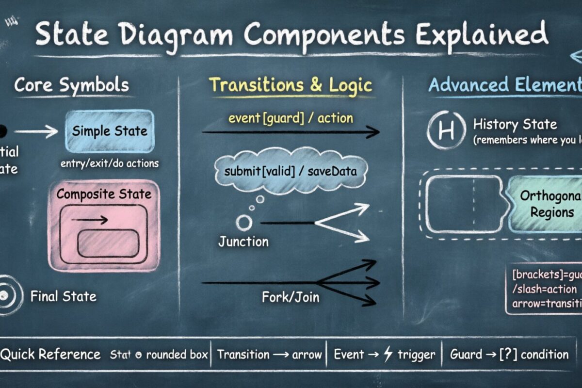 Desglose de los componentes de un diagrama de estados: símbolos, flechas y estados explicados