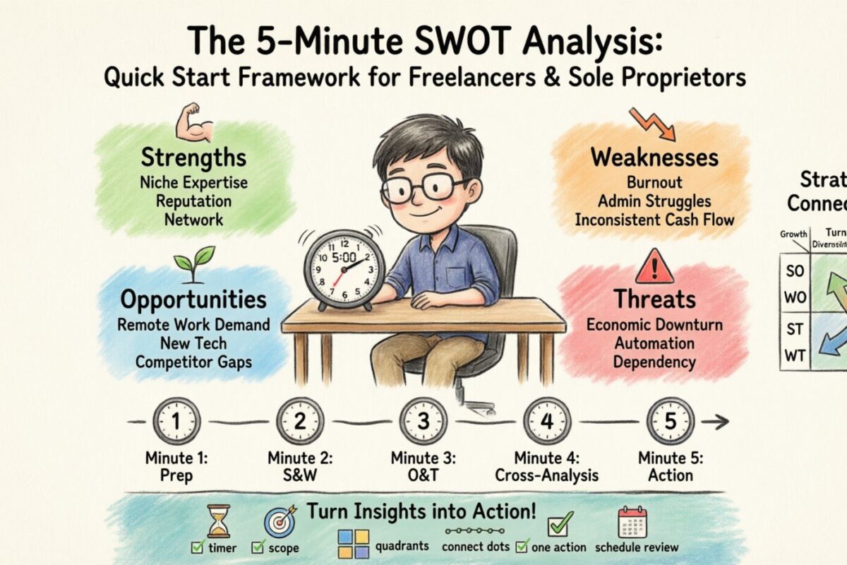 5 मिनट का SWOT विश्लेषण: स्वतंत्र कार्यरत व्यक्तियों और एकल स्वामित्व वाले व्यवसायियों के लिए त्वरित प्रारंभ ढांचा 5 मिनट का SWOT विश्लेषण: स्वतंत्र कार्यरत व्यक्तियों और एकल स्वामित्व वाले व्यवसायियों के लिए त्वरित प्रारंभ ढांचा