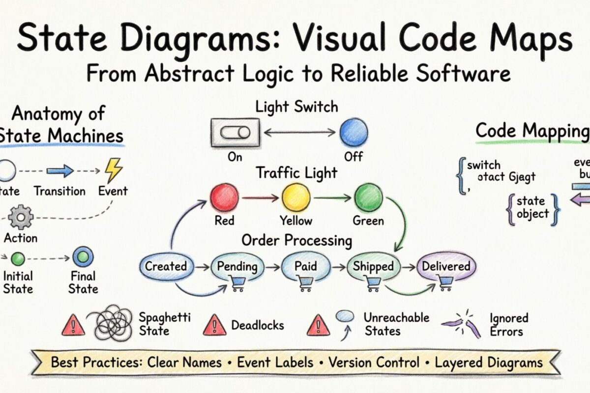 Exemplos de Diagramas de Estado: Transformando Ideias Abstratas em Mapas de Código Visuais