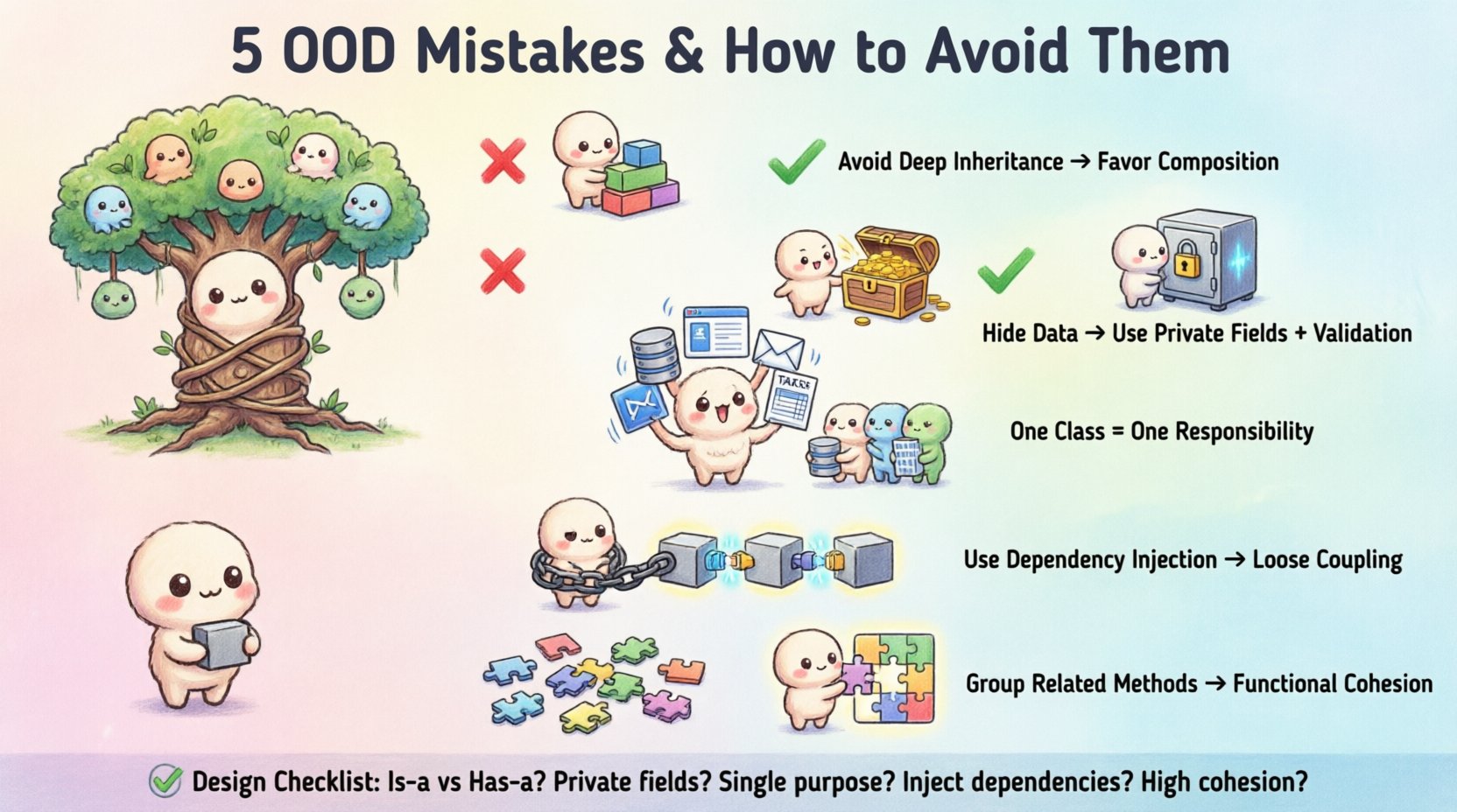 Chibi-style infographic illustrating 5 common object-oriented design mistakes: overusing inheritance, violating encapsulation, creating god objects, tight coupling, and ignoring cohesion—with visual solutions and best practices for maintainable software architecture