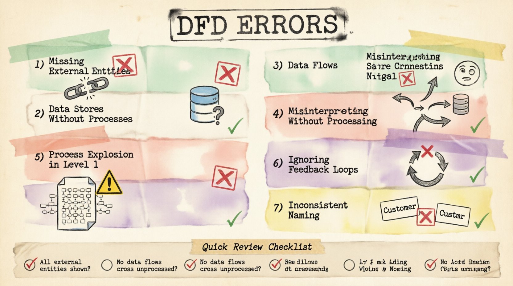 Infographic in stamp and washi tape craft style illustrating seven common Data Flow Diagram mistakes: missing external entities, orphaned data stores, unprocessed data flows, incorrect store connections, process explosion, missing feedback loops, and inconsistent naming conventions, with decorative washi tape borders and rubber stamp icons