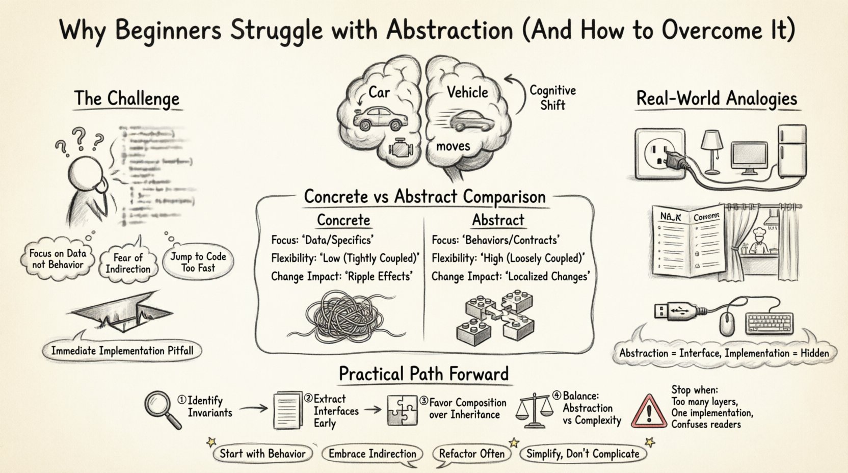 Sketch-style infographic explaining why beginners struggle with abstraction in object-oriented analysis and design, featuring visual comparison of concrete vs abstract thinking, real-world analogies including power outlets and restaurant menus, practical roadmap with four key steps, warning signs of over-abstraction, and essential takeaways for building flexible, maintainable software systems