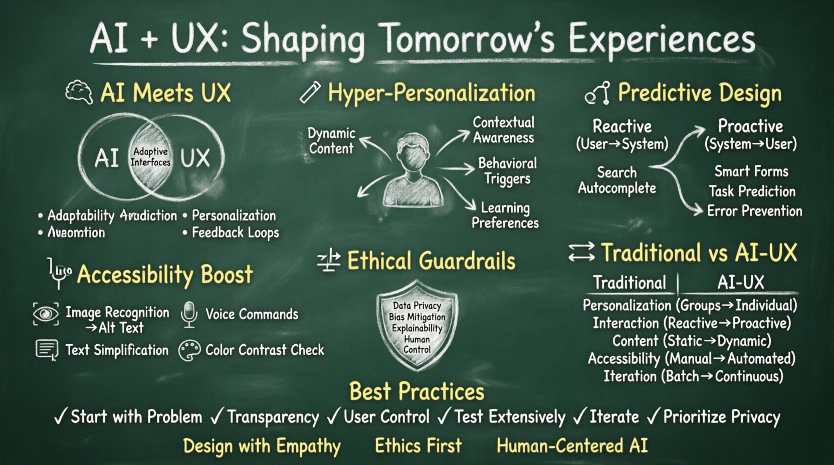 Chalkboard-style infographic explaining AI and UX convergence: covering adaptive interfaces, hyper-personalization, predictive design, accessibility enhancements, ethical principles, designer role evolution, and best practices for human-centered AI integration