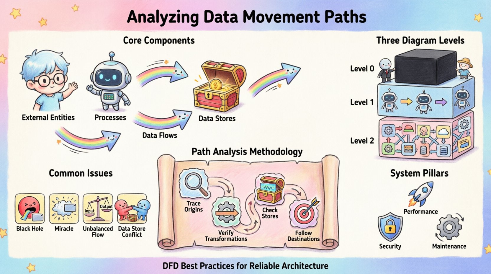 Chibi-style infographic summarizing data flow diagram analysis for software architecture: core components (external entities, processes, data stores, data flows), hierarchical diagram levels (Context/Level 0, Level 1, Level 2+), four-step path tracing methodology, common structural issues (black hole, miracle, unbalanced flow, data store conflict), plus security compliance, performance optimization, and maintenance best practices