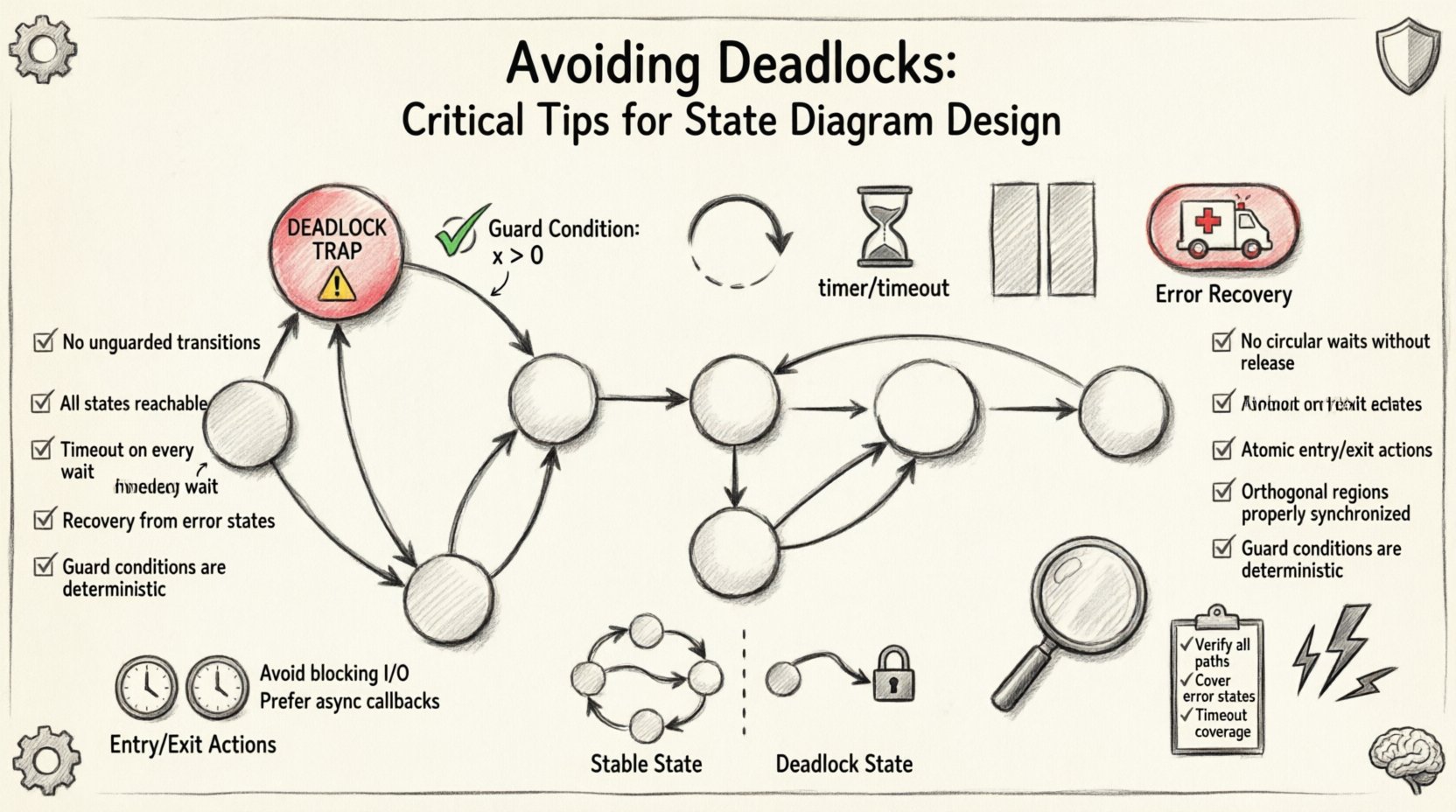 Sketch-style infographic illustrating critical tips for avoiding deadlocks in state diagram design, featuring state machine flowcharts with proper transitions, deadlock warning indicators, four key design patterns (default state, timeout guard, parallel regions, error recovery), validation testing strategies, and a visual comparison between stable states and deadlock states for system architecture professionals