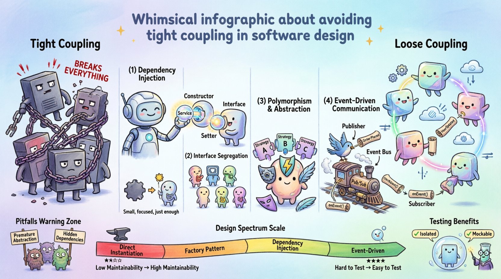 Whimsical infographic illustrating strategies to avoid tight coupling in object-oriented software design: shows tight coupling as tangled chains versus loose coupling as modular puzzle pieces, featuring four key strategies (Dependency Injection, Interface Segregation, Polymorphism/Abstraction, Event-Driven Communication) with playful robot characters in a magical coding workshop, comparison table of coupling levels with maintainability and testability ratings, testing benefits visualization, and common pitfalls warnings for building robust, maintainable software architecture