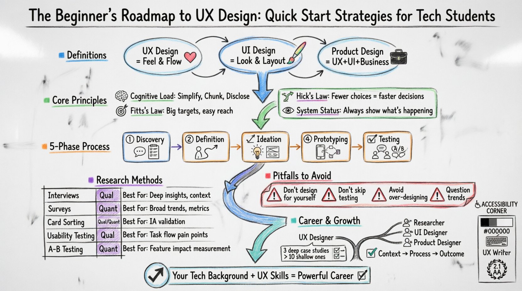 A hand-drawn whiteboard infographic illustrating the beginner's roadmap to UX design for tech students, featuring color-coded sections on UX vs UI definitions, four core principles (Cognitive Load Theory, Hick's Law, Fitts's Law, Visibility of System Status), a five-phase design process flowchart, research methods comparison, accessibility guidelines, portfolio building tips, career trajectory options, and common pitfalls to avoid, all rendered in sketchy marker style with icons and arrows on a whiteboard background.