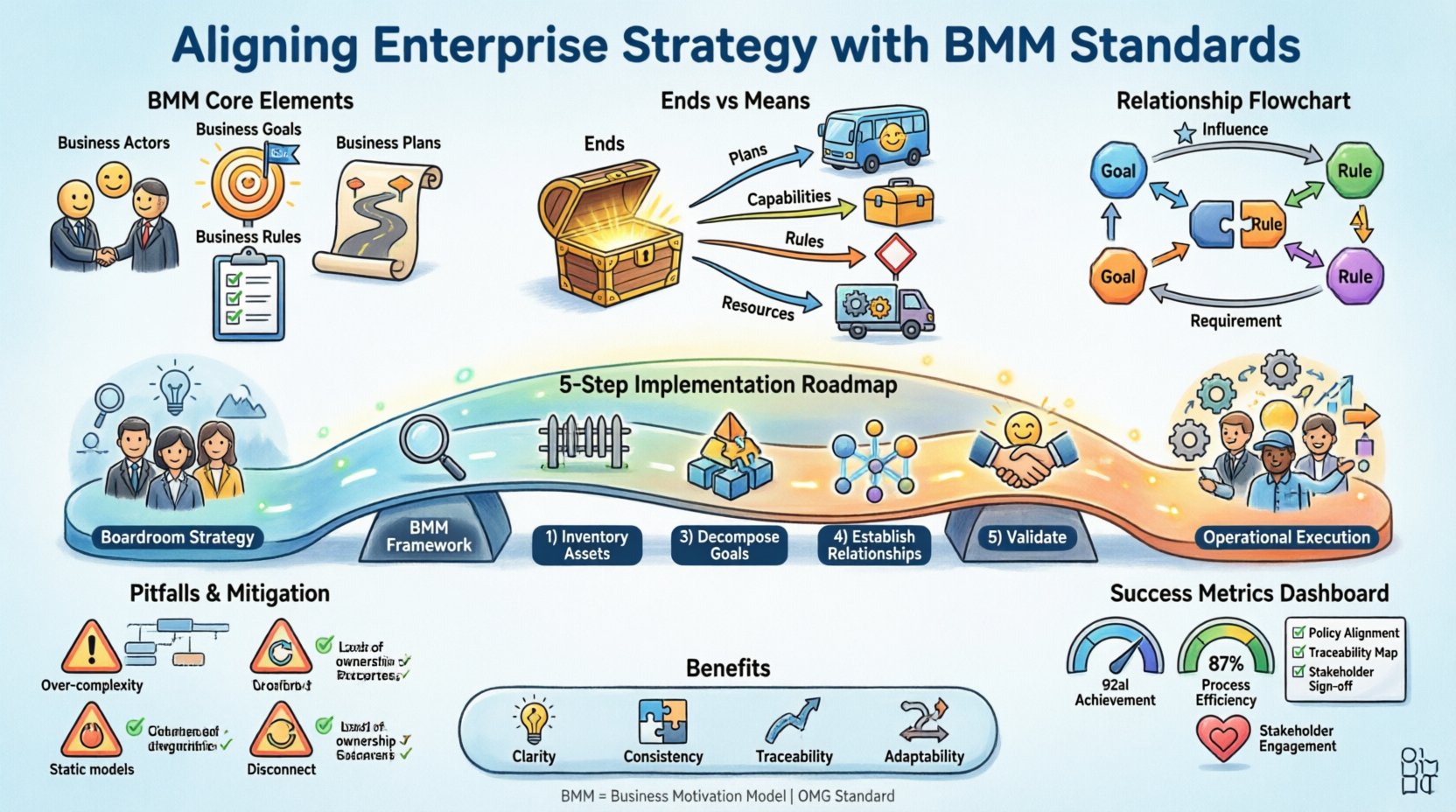 Cartoon-style 16:9 infographic illustrating how to align enterprise strategy with Business Motivation Model (BMM) standards, featuring core BMM components (actors, goals, plans, rules), Ends vs Means framework, influence and requirement relationships, five-step implementation roadmap, common pitfalls with mitigation strategies, success metrics dashboard, and key benefits including clarity, consistency, traceability, and adaptability for organizational success
