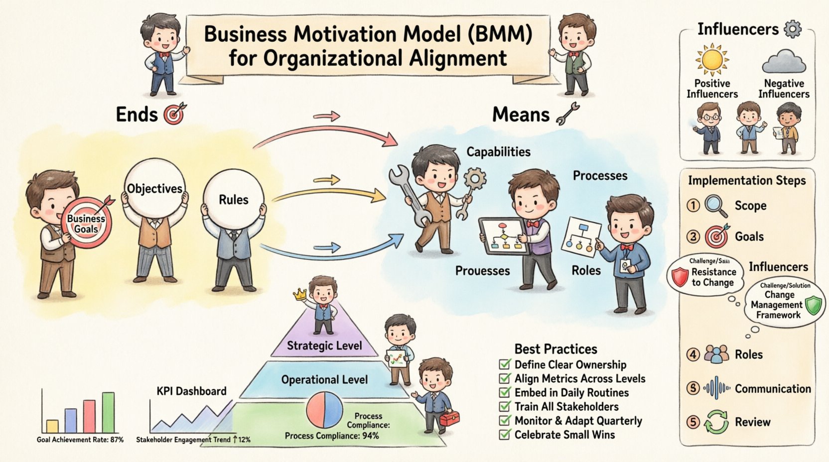 Chibi-style infographic summarizing the Business Motivation Model (BMM) for organizational alignment, featuring cute characters representing stakeholders, visual diagrams of Ends and Means, strategic alignment hierarchy, implementation steps, and key best practices for enterprise strategy execution