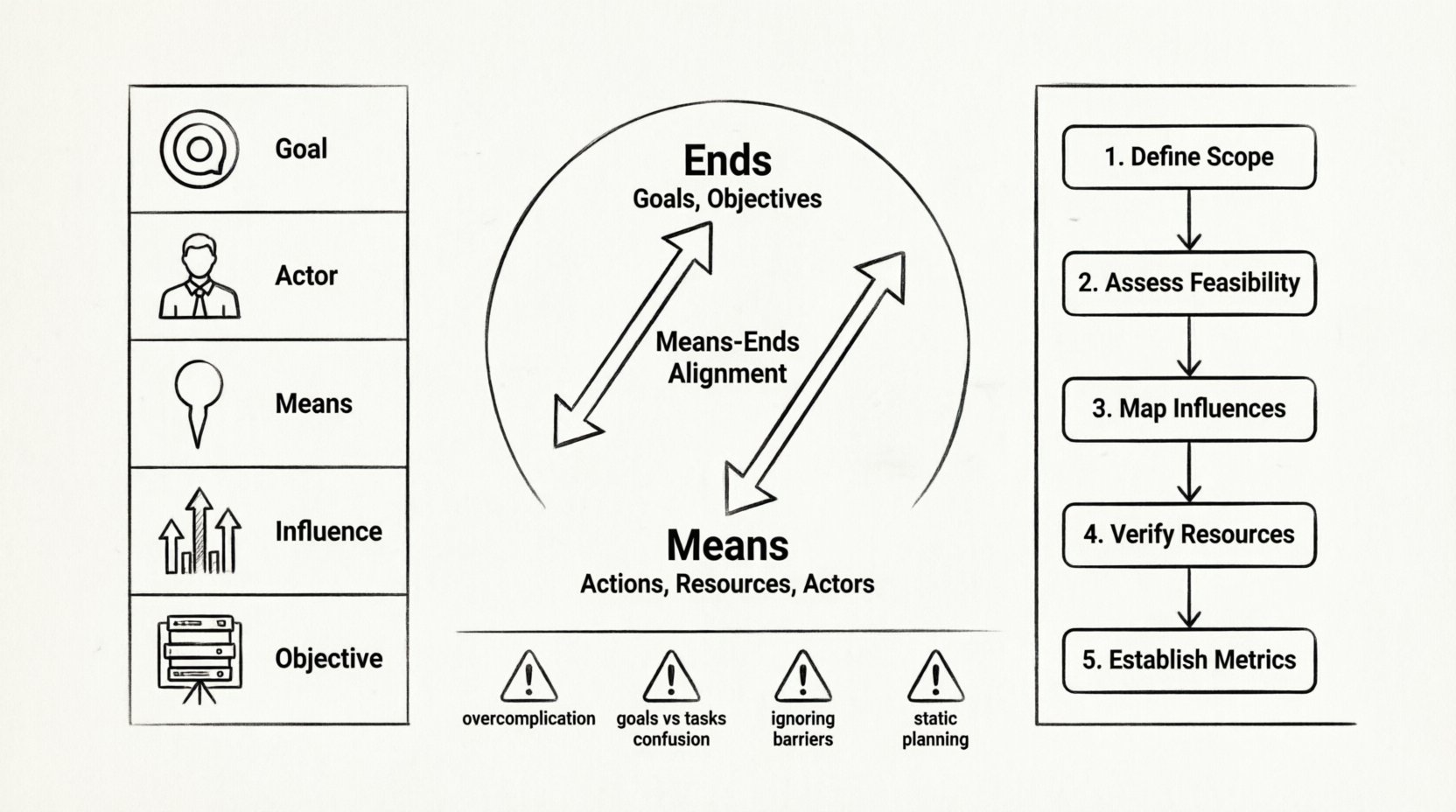 Line art infographic illustrating the Business Motivation Model framework for validating business goals, showing the relationship between ends and means, key validation components checklist, five-step validation process, and common pitfalls to avoid in strategic planning
