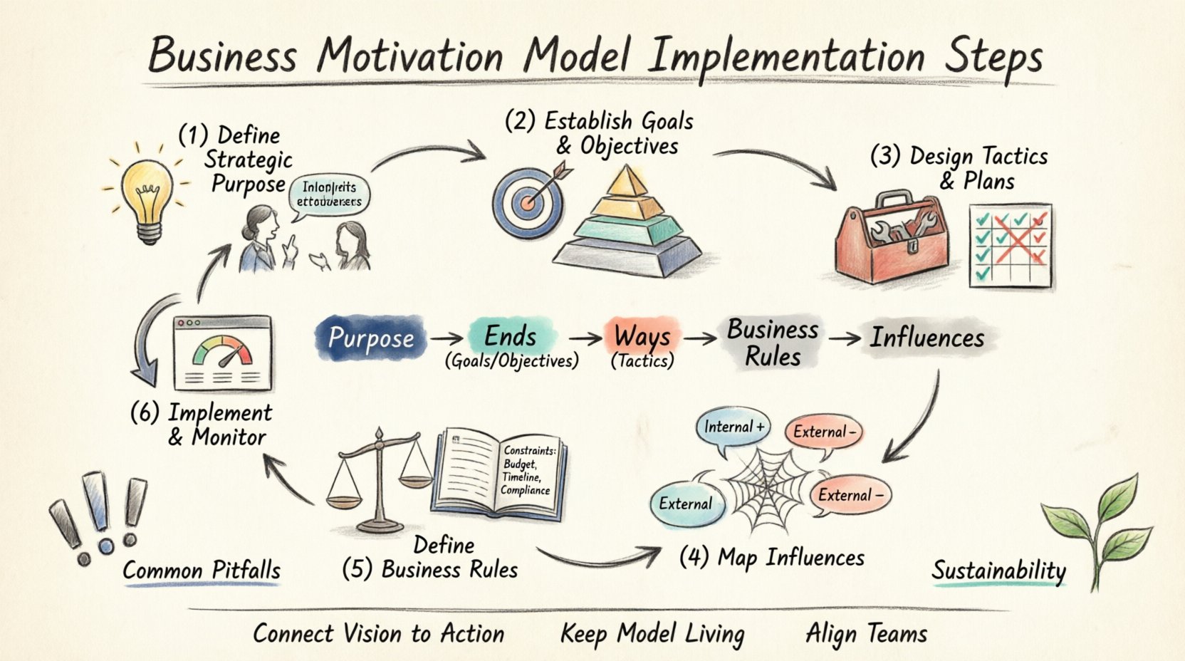 Hand-drawn infographic illustrating the 6-phase Business Motivation Model implementation process: defining strategic purpose, establishing goals and objectives, designing tactics, mapping influences and dependencies, defining business rules, and implementation monitoring, with core framework elements connecting organizational purpose to measurable outcomes and actionable tactics