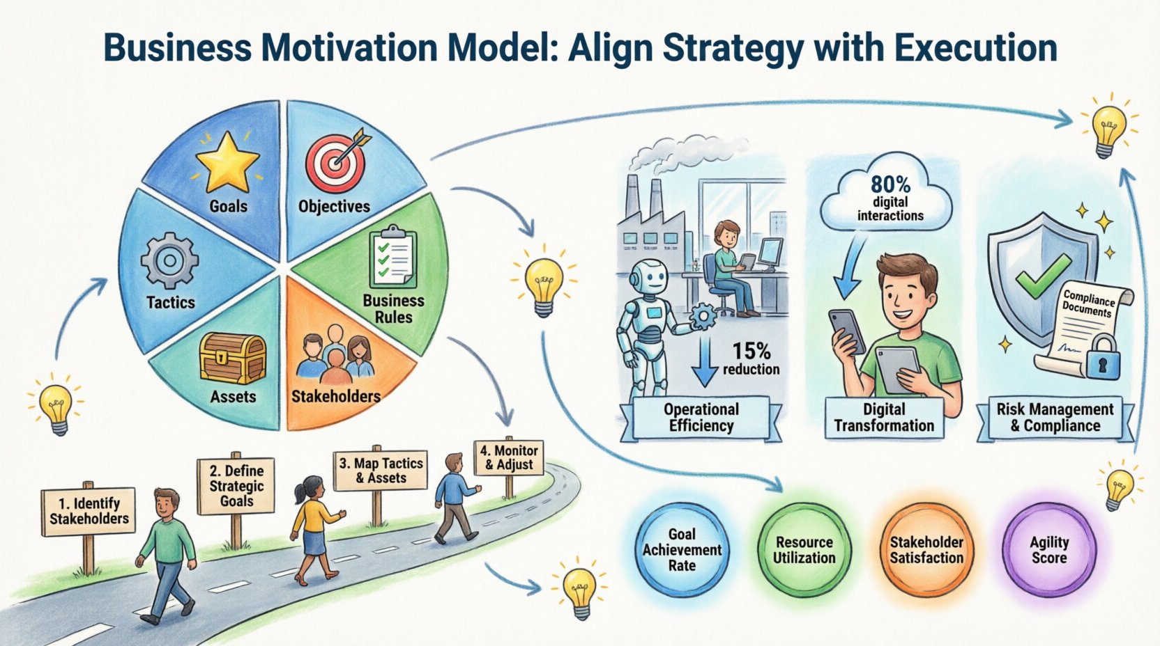 Cartoon-style infographic illustrating the Business Motivation Model framework for enterprise success, featuring core components (goals, objectives, tactics, business rules, assets, stakeholders), three practical examples (operational efficiency with automation, digital transformation with mobile apps, risk management with compliance), four-step implementation pathway, and key success metrics, designed in bright friendly colors with diverse cartoon business professionals