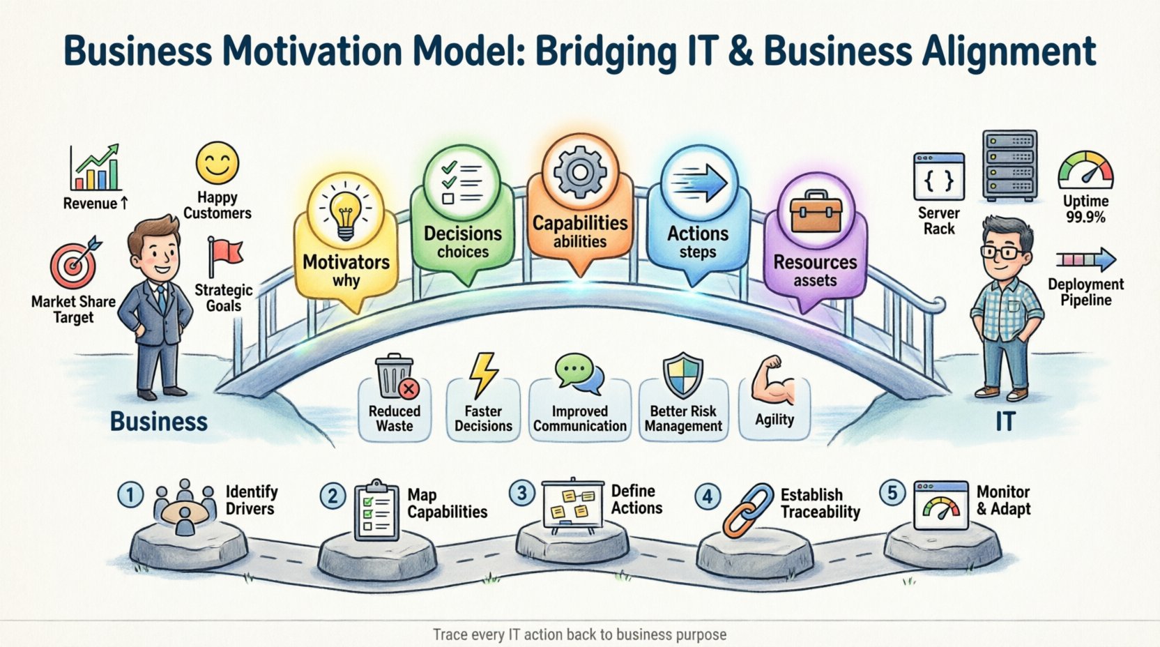 Cartoon infographic illustrating the Business Motivation Model framework that aligns IT execution with business strategy, showing the flow from motivators and decisions to capabilities, actions, and resources, with key benefits including reduced waste, faster decisions, improved communication, better risk management, and increased agility