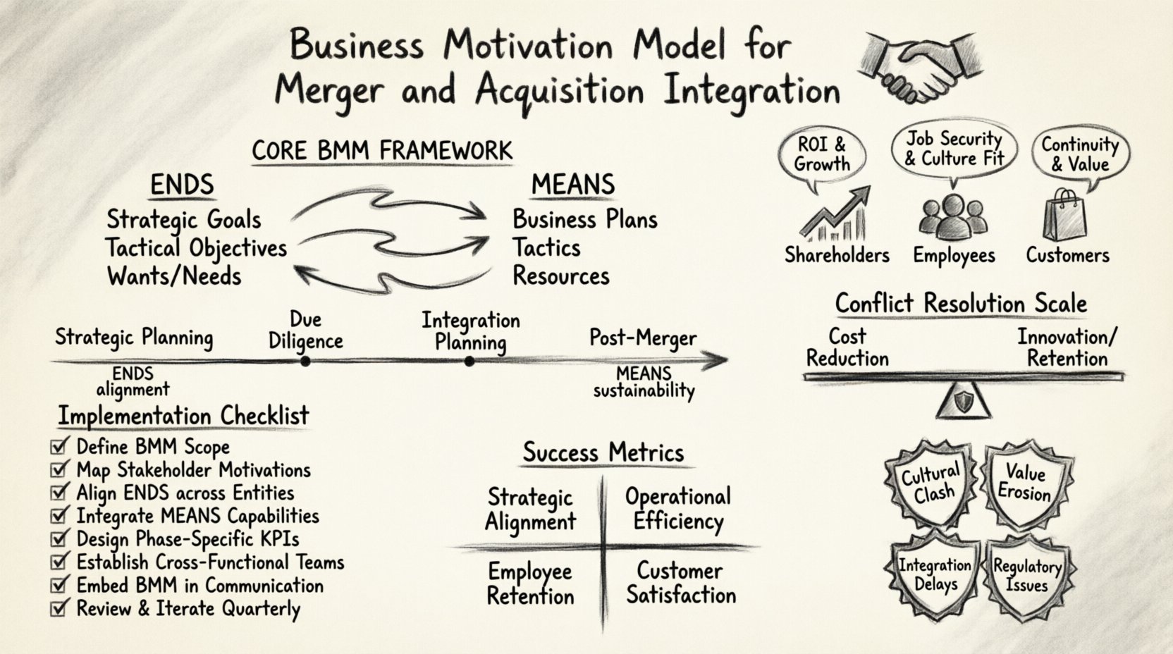 Charcoal sketch style infographic illustrating the Business Motivation Model (BMM) for Merger and Acquisition integration, featuring Ends vs Means framework, M&A phase timeline, stakeholder motivations, conflict resolution strategies, success metrics, and 8-step implementation checklist in hand-drawn contour art style