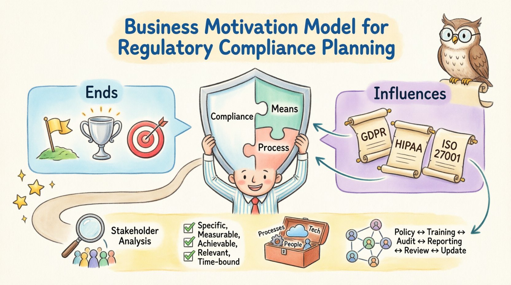 Whimsical 16:9 infographic illustrating the Business Motivation Model for Regulatory Compliance Planning, featuring playful cartoon visuals of Ends (goals), Means (actions), Stakeholders, and regulatory Influences like GDPR and HIPAA connected in a colorful compliance journey with step-by-step process icons, feedback loops, and friendly decorative elements