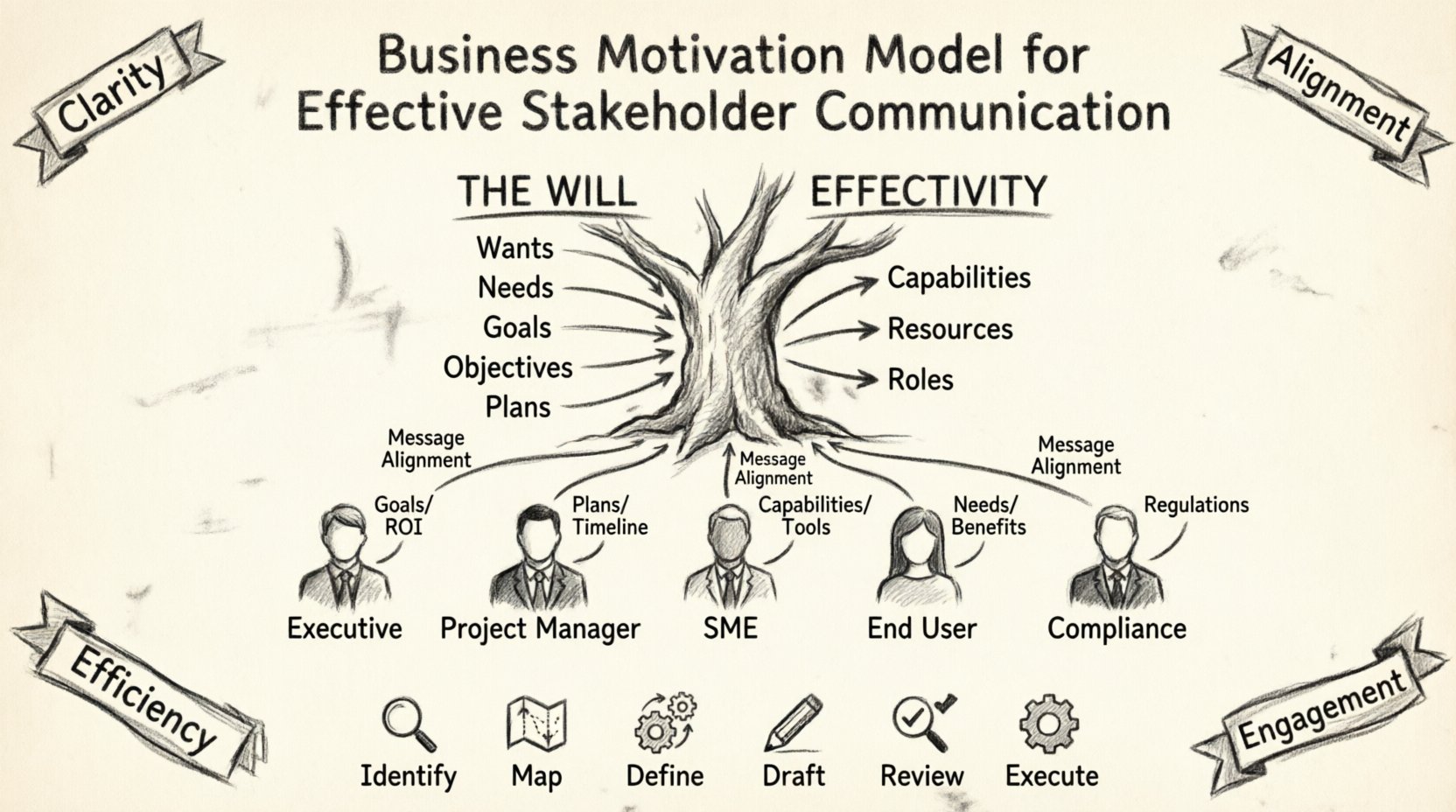Charcoal sketch infographic illustrating the Business Motivation Model (BMM) framework with Will and Effectivity branches, stakeholder mapping for executives, project managers, SMEs, end users, and compliance officers, plus communication alignment strategies and implementation workflow steps