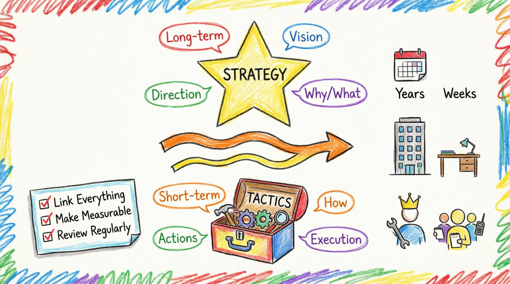 Child-style hand-drawn infographic explaining the Business Motivation Model, showing strategy as long-term vision with compass icon and tactics as short-term actions with toolbox icon, connected by colorful arrows illustrating the flow from goals to execution, with simple comparison chart of timeframe, scope, and ownership in bright crayon colors on white paper background