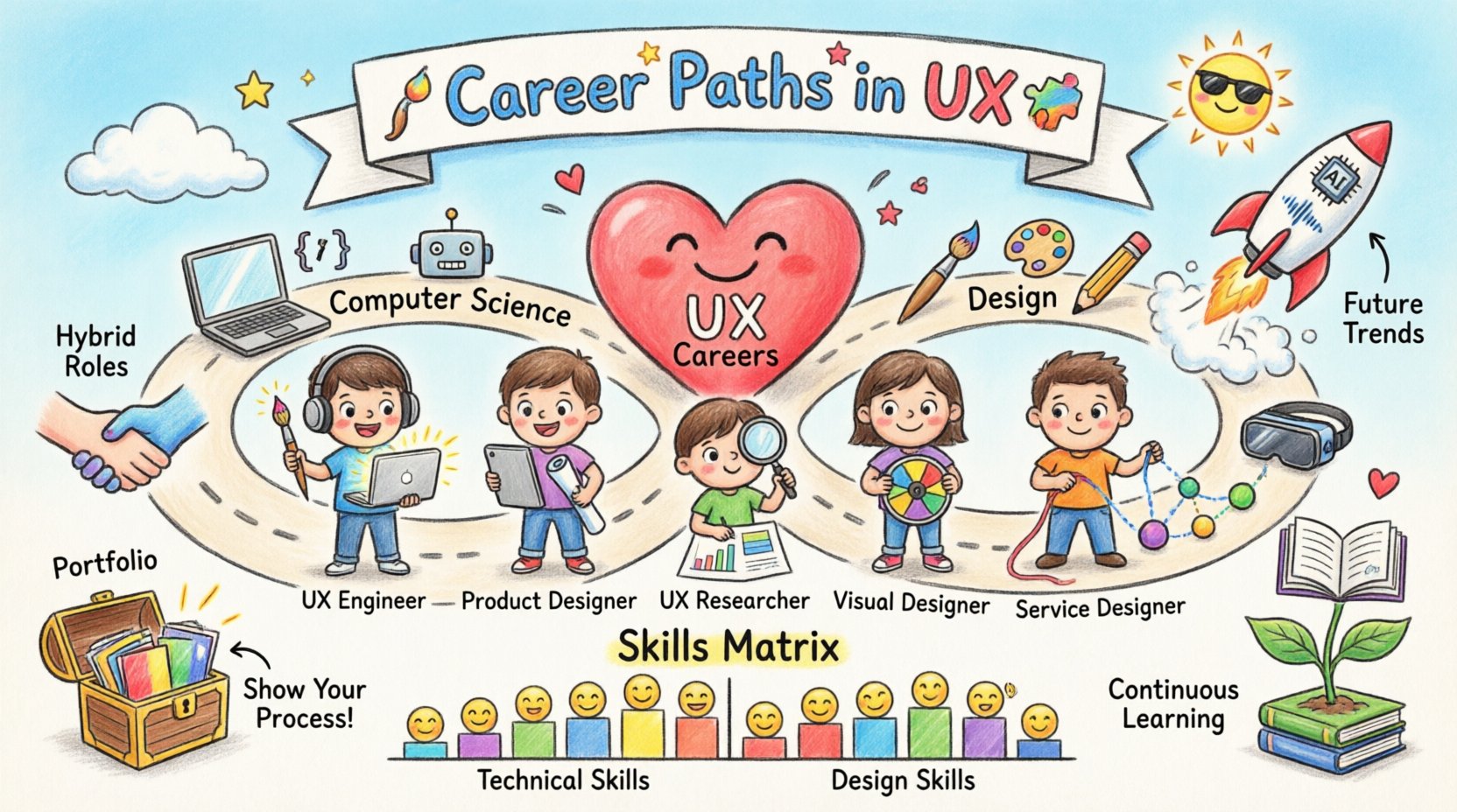 Child's drawing style infographic showing career paths in UX for Computer Science and Design undergraduates, featuring two merging paths with tech and art icons leading to UX roles like UX Engineer, Product Designer, and UX Researcher, with sections on skills matrix, portfolio building, and future trends in bright crayon-style illustration