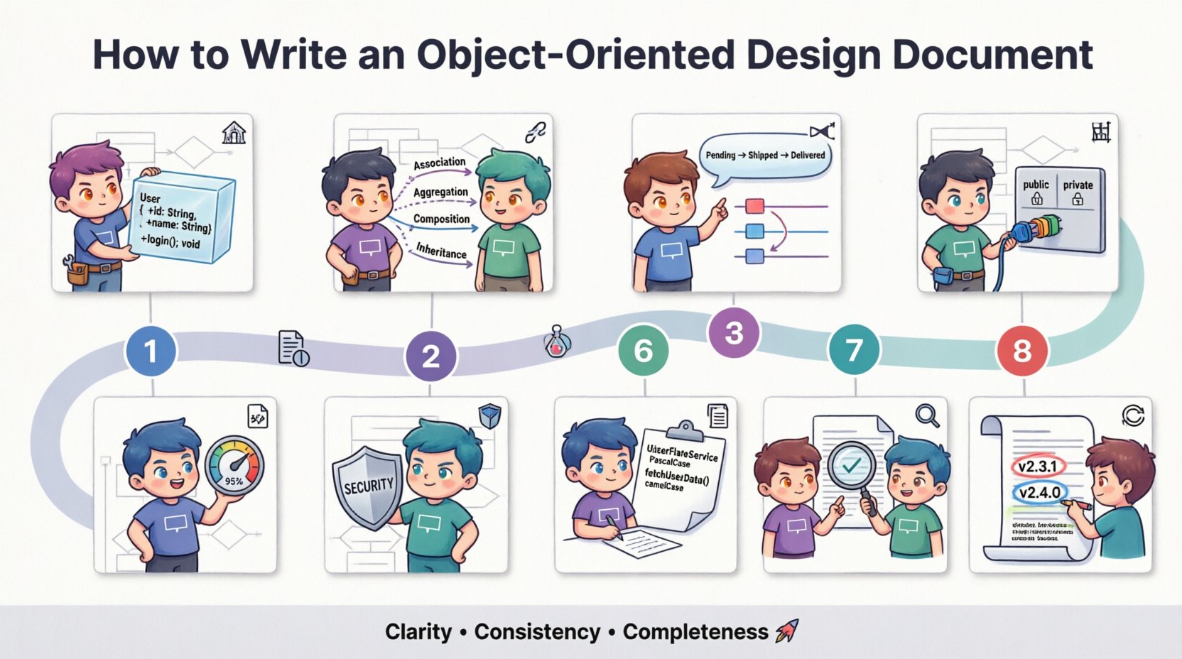 Chibi-style infographic illustrating the 8-phase process for writing an Object-Oriented Design Document: class structure with attributes and methods, relationship modeling (association, aggregation, composition, inheritance), behavioral modeling with state machines and sequence diagrams, interface and API design, non-functional requirements for performance and security, documentation standards with naming conventions, stakeholder review and technical validation, and maintenance with version control—featuring cute chibi characters, UML diagram elements, and a clean 16:9 layout in English