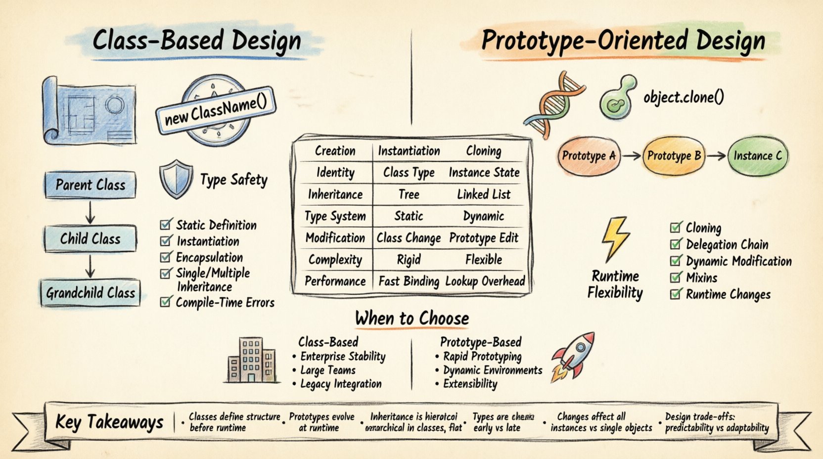 Hand-drawn infographic comparing class-based and prototype-oriented object-oriented design approaches, illustrating key differences in creation methods (instantiation vs cloning), inheritance patterns (vertical hierarchy vs delegation chain), type systems (static vs dynamic), modification flexibility, performance trade-offs, and decision factors for software architecture