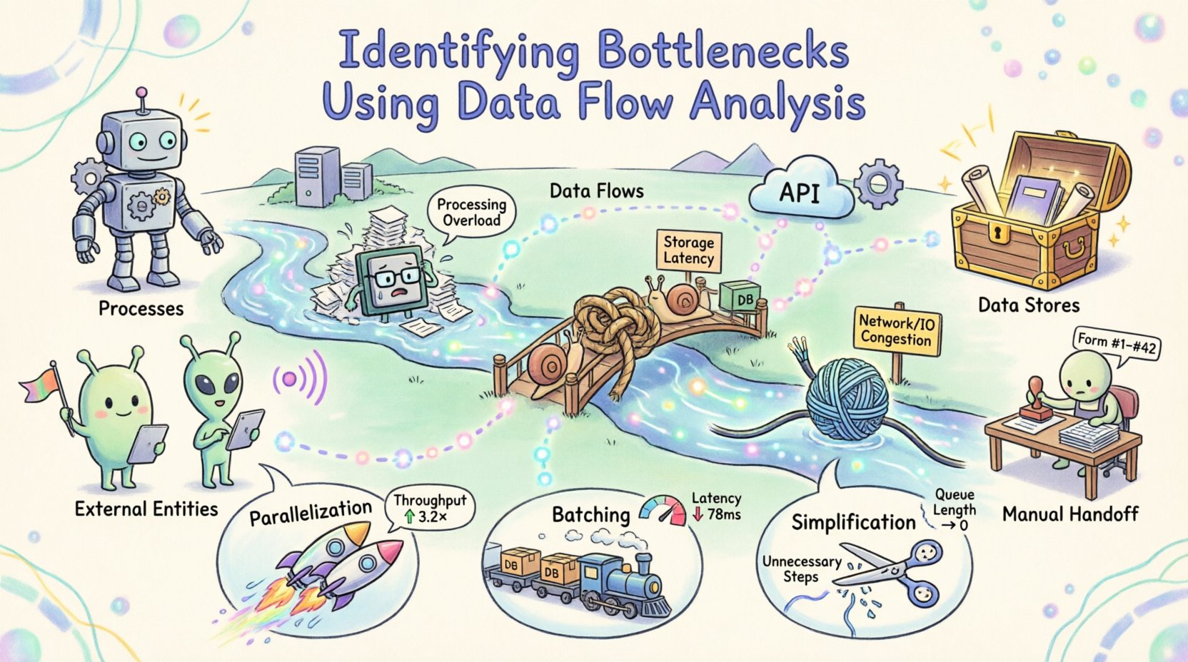 Whimsical infographic illustrating data flow analysis for identifying system bottlenecks, featuring cartoon-style DFD components (processes, data stores, external entities, data flows), four bottleneck types (processing, storage, network/IO, human), and three optimization strategies (parallelization, batching, simplification) with playful visual metaphors like data rivers, traffic jams, and solution bubbles