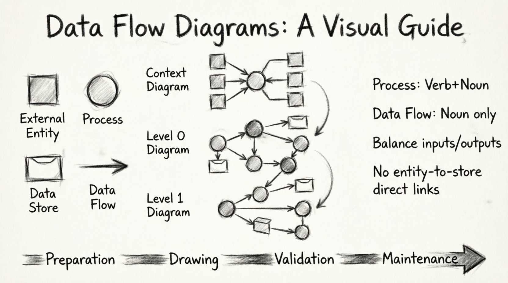 Charcoal sketch infographic illustrating the step-by-step process of creating Data Flow Diagrams (DFDs), showing the four core symbols (external entity, process, data store, data flow), three-level decomposition hierarchy from context diagram to Level 1, naming conventions, and validation rules for visualizing data movement in system analysis