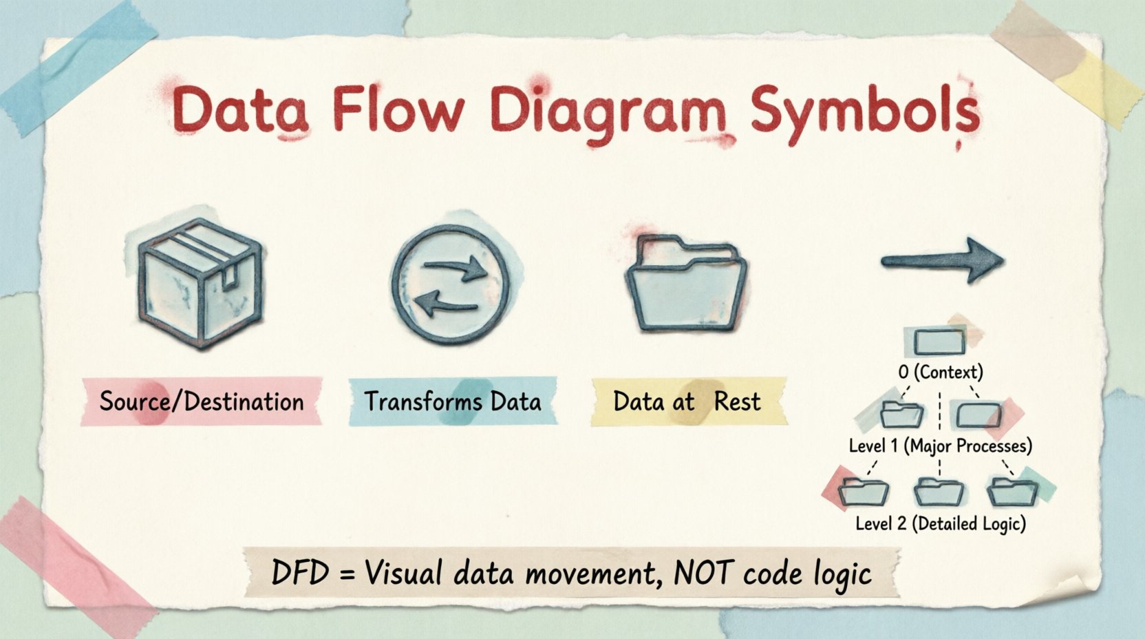 Infographic in stamp and washi tape craft style explaining the four core Data Flow Diagram symbols for beginners: External Entity rectangle for data sources, Process circle for data transformation, Data Store open rectangle for data at rest, and Data Flow arrow for data movement, plus hierarchical DFD levels for system analysis and documentation