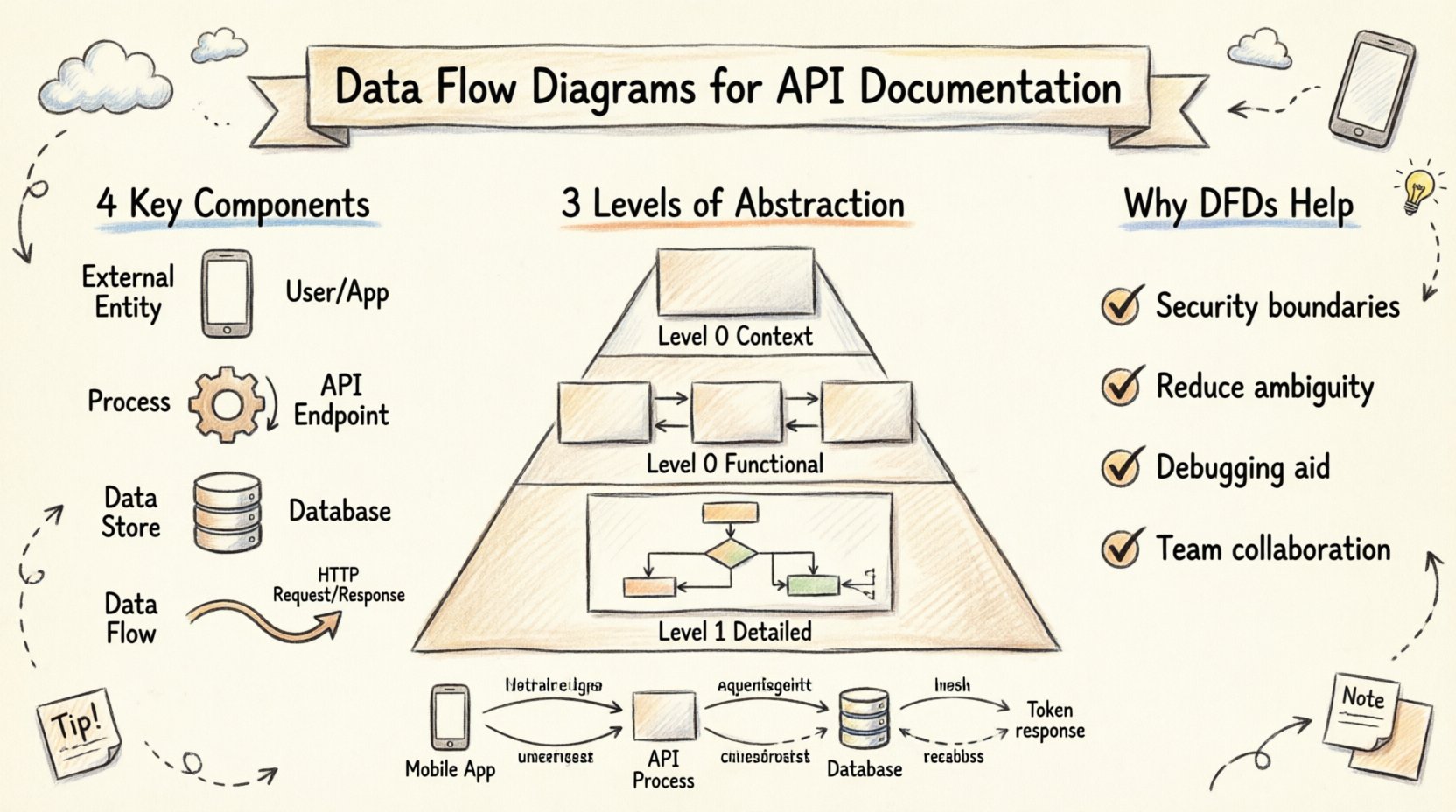 Hand-drawn infographic summarizing Data Flow Diagrams for API Documentation: shows four core components (external entities, processes, data stores, data flows), three abstraction levels (context, functional decomposition, detailed logic), key benefits including security clarity and debugging support, plus a user authentication flow example with mobile app, API process, and database interactions