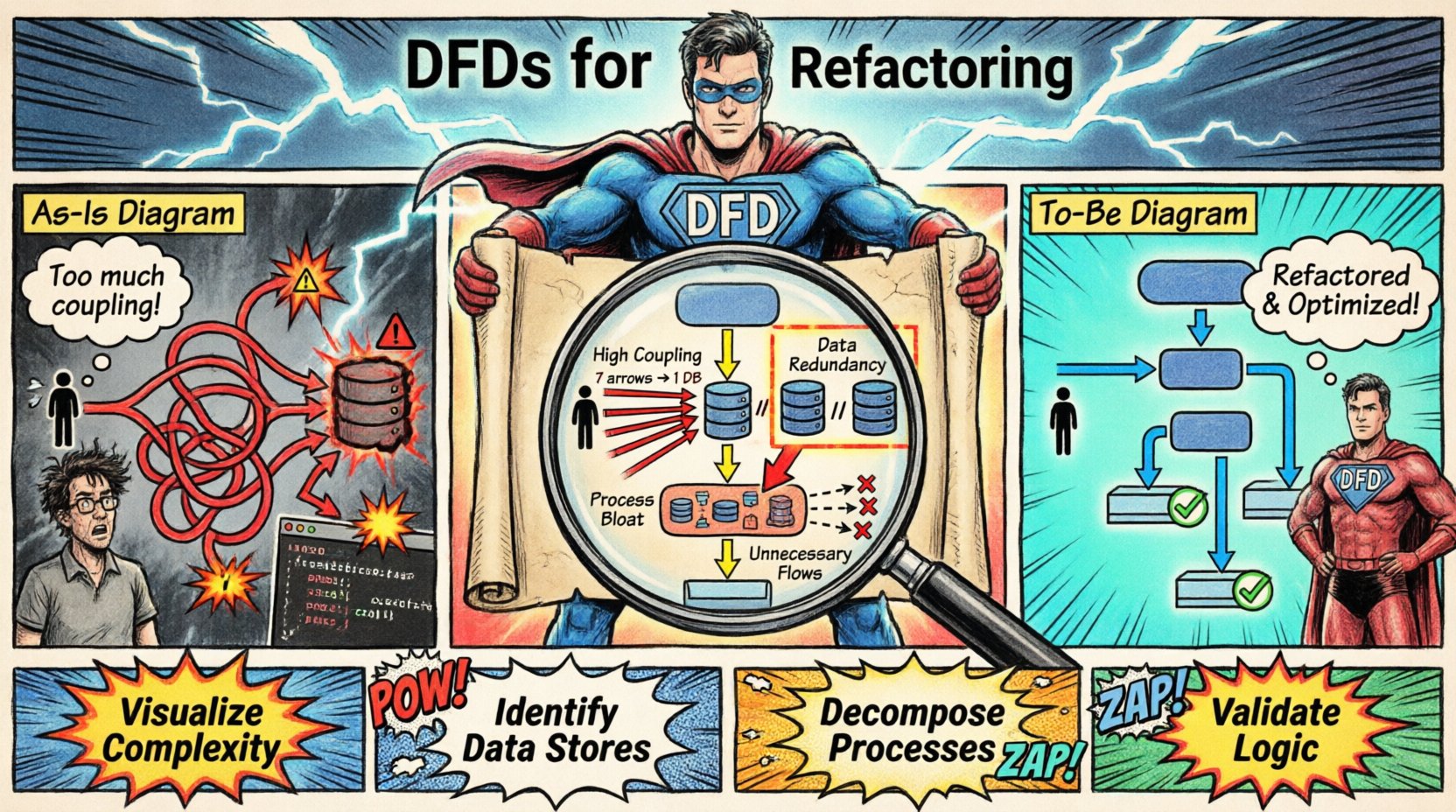 Comic book style infographic illustrating how Data Flow Diagrams guide code refactoring: showing As-Is vs To-Be system states, common issues like high coupling and data redundancy, and key benefits including visualization of complexity and process decomposition