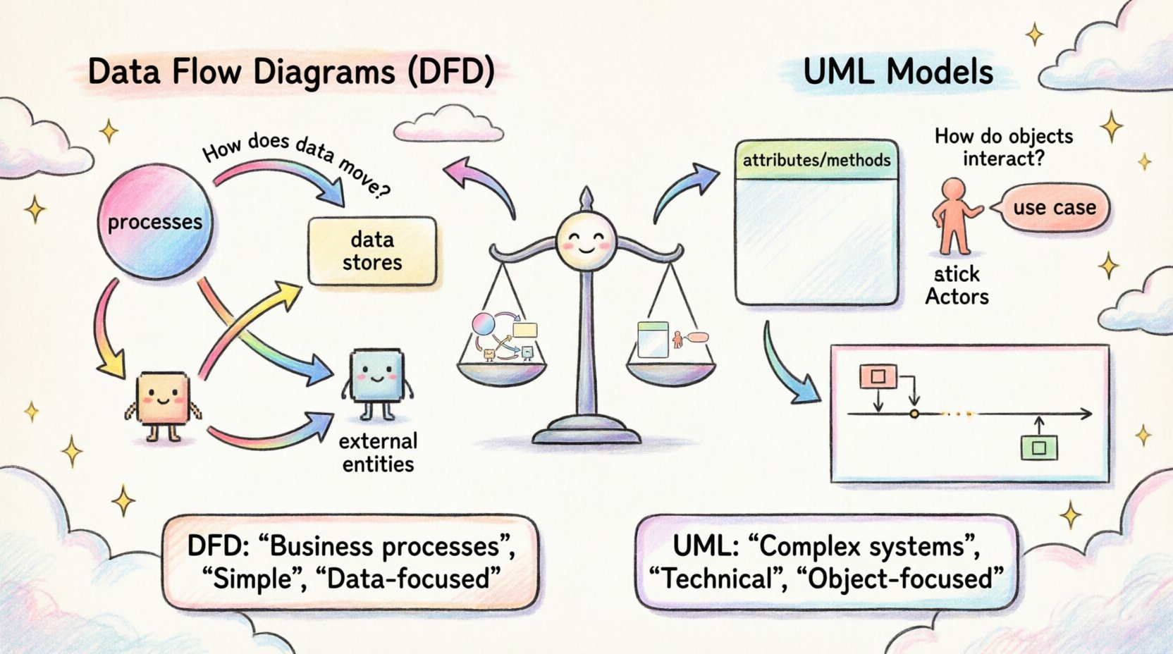 Whimsical infographic comparing Data Flow Diagrams and UML Models for software architecture: DFD side shows data movement with processes, data stores, external entities, and flow arrows; UML side displays object-oriented diagrams including class structures, use cases, and sequence interactions; highlights key differences in focus, complexity, and ideal use cases for business processes versus complex software systems