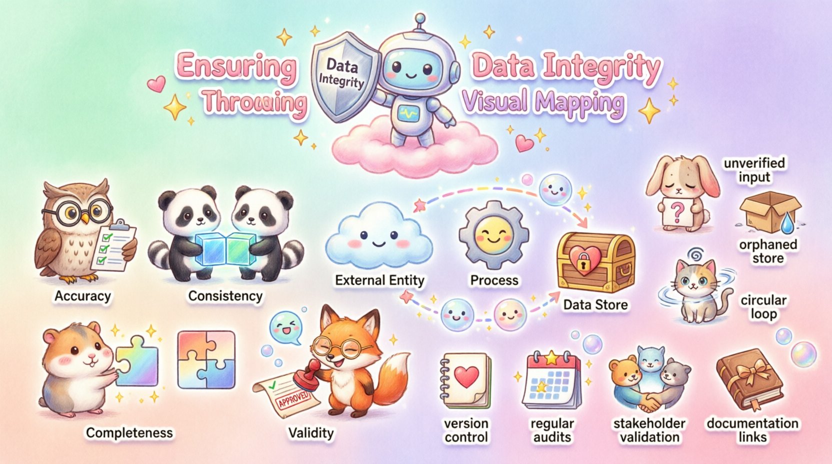 Kawaii-style infographic illustrating data integrity through visual mapping: features cute mascots representing accuracy, consistency, completeness, and validity; a friendly data flow diagram with external entities, processes, data stores, and data flows; risk identification icons; and best practices checklist for maintaining trustworthy information systems