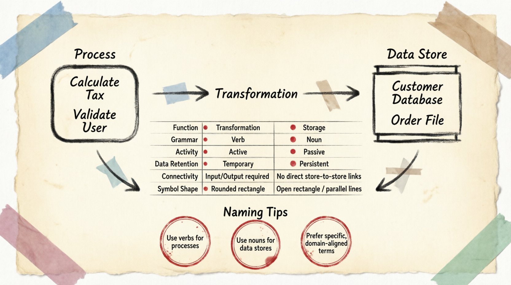 Infographic comparing Process and Data Store elements in Data Flow Diagrams (DFDs): Process shown as active transformation with verb labels and rounded rectangles, Data Store as passive persistence with noun labels and open rectangles, featuring key differences in function, naming conventions, data retention, connectivity rules, and visual symbols in a decorative stamp and washi tape style design