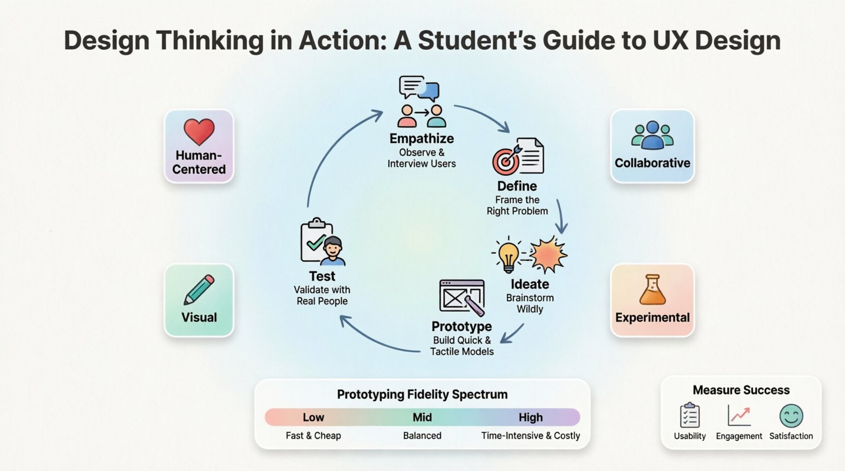 Infographic illustrating the five stages of design thinking for UX design students: Empathize, Define, Ideate, Prototype, and Test, featuring flat design icons with black outlines, pastel accent colors, rounded shapes, and key principles for interaction design projects