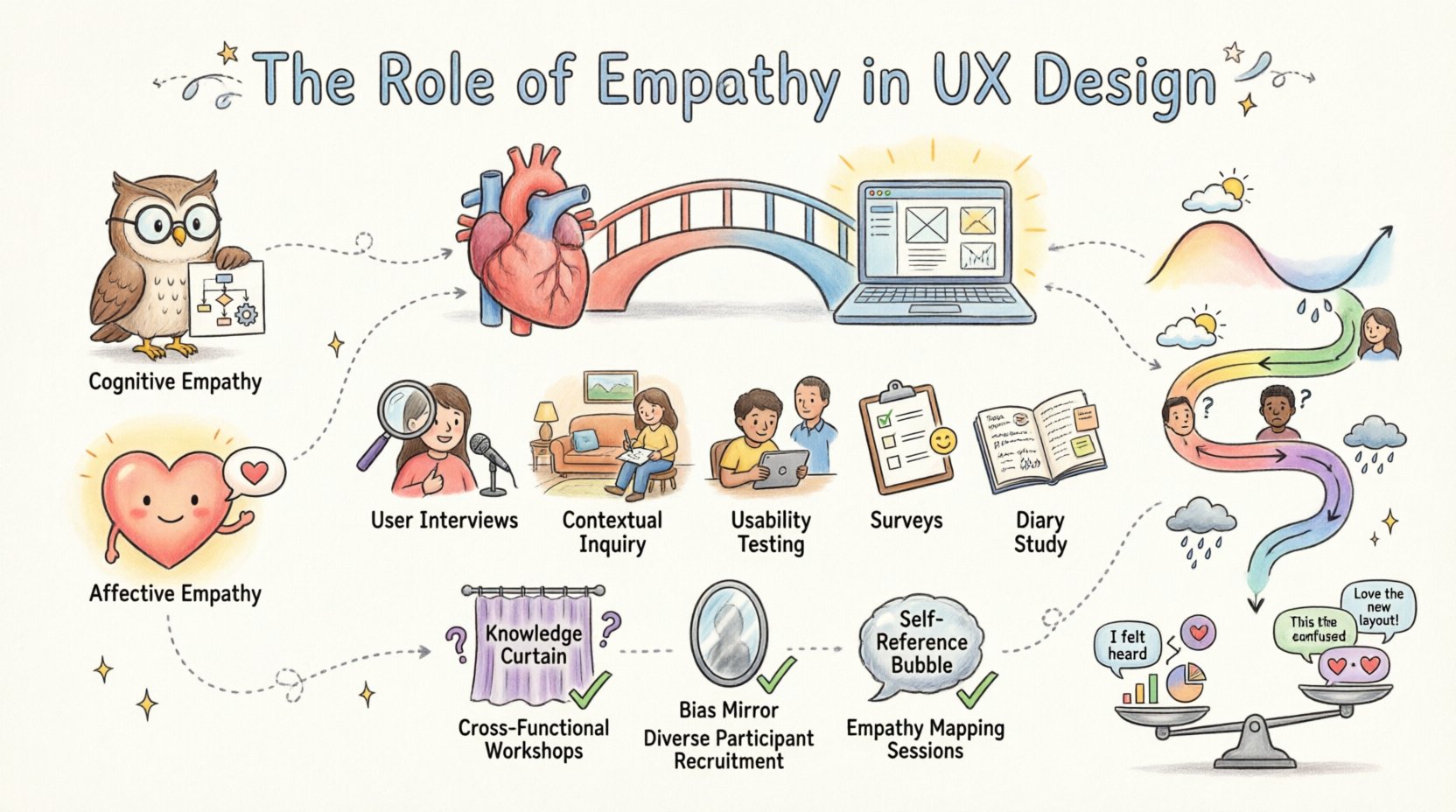 Whimsical infographic illustrating the role of empathy in UX design: features a central bridge connecting human emotion to digital interfaces, cognitive empathy (owl representing logic and user workflows) paired with affective empathy (glowing heart for emotional connection), research methods including user interviews and usability testing depicted with playful characters, an emotional journey map showing user experience peaks and valleys, empathetic persona examples, barriers to empathy like confirmation bias illustrated as friendly obstacles, balanced metrics combining quantitative data and qualitative feedback, and practical steps for building an empathetic design culture—all rendered in soft pastel watercolor style with hand-drawn decorative elements on a 16:9 layout