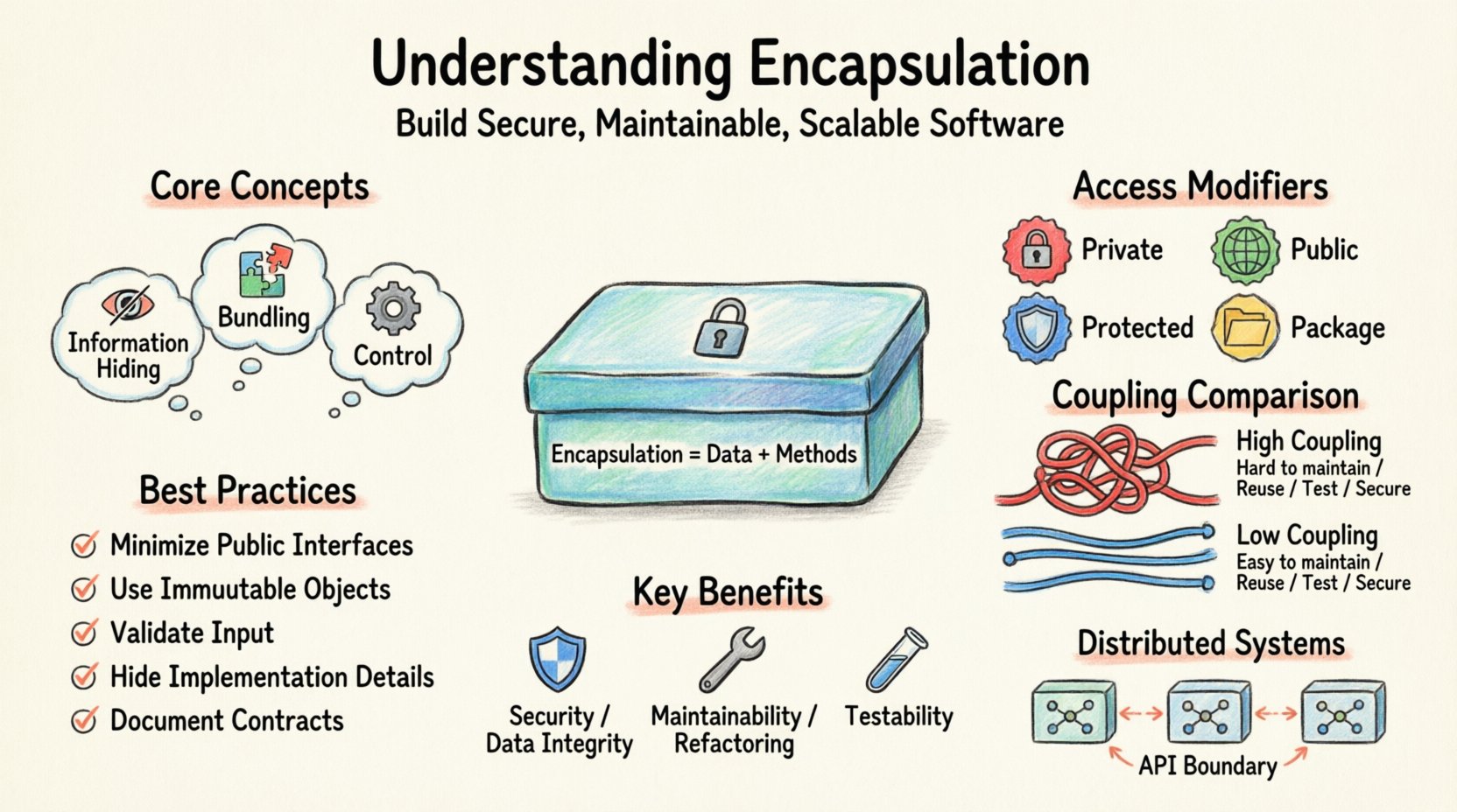 Marker illustration infographic explaining encapsulation in modern software development: shows core concepts (information hiding, bundling, control), access modifiers (private, public, protected, package), key benefits (security, maintainability, testability), best practices checklist, tight vs loose coupling comparison, and microservices API boundaries—all in a hand-drawn 16:9 visual guide for developers learning object-oriented design principles
