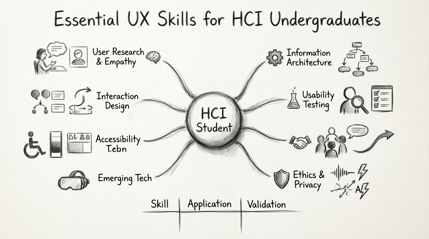 Charcoal contour sketch infographic showing eight core UX competencies for HCI undergraduates: user research and empathy, information architecture, interaction design and prototyping, usability testing, accessibility and inclusive design, collaboration and communication, ethics and data privacy, and adapting to emerging technologies, with hand-drawn icons, skill applications, and validation methods arranged in a radial layout around a central student hub