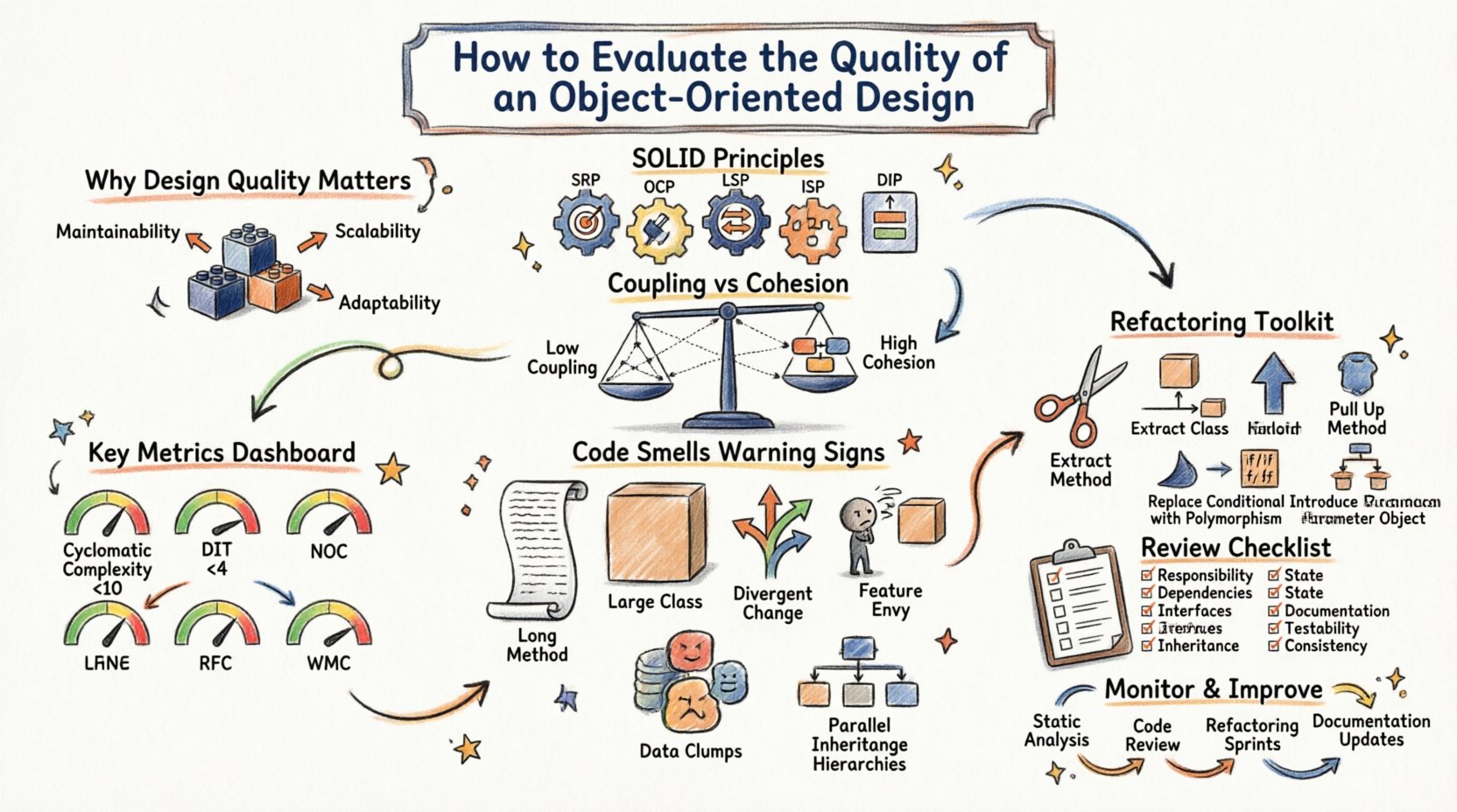 Hand-drawn infographic guide: How to Evaluate Object-Oriented Design Quality. Covers SOLID principles (SRP, OCP, LSP, ISP, DIP), coupling vs cohesion metrics, quantitative analysis indicators (Cyclomatic Complexity, DIT, NOC, RFC, WMC), common code smells (Long Method, Large Class, Feature Envy), refactoring strategies (Extract Method, Extract Class, Polymorphism), practical review checklist, and continuous monitoring practices. Visual flow with sketches, gauges, icons, and checklists to help software architects and developers assess and improve OO design maintainability, scalability, and testability.