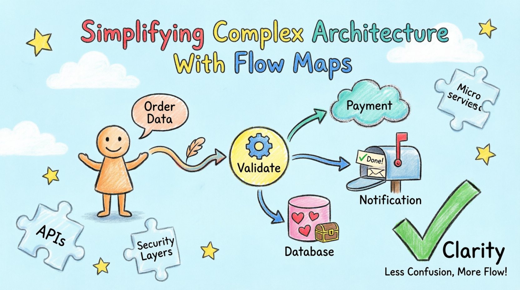 Child-style crayon drawing infographic showing a simple flow map: a stick-figure user sends order data through validation, payment, database, and notification steps with colorful arrows, puzzle pieces representing complexity, and visual elements illustrating how flow maps bring clarity to software architecture systems