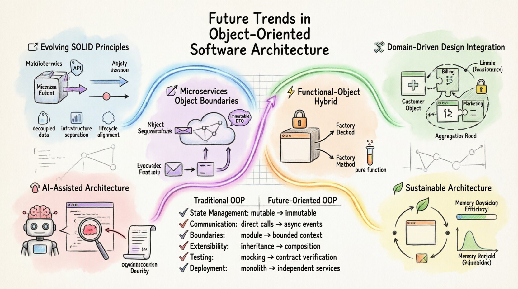 Hand-drawn infographic illustrating six key future trends in object-oriented software architecture: evolving SOLID principles for distributed systems, deeper Domain-Driven Design integration with bounded contexts, microservices object boundaries with event-driven models, functional-object hybrid patterns emphasizing immutability, AI-assisted architectural design tools, and sustainable resource-efficient practices. Features a visual comparison table contrasting traditional OOP versus future-oriented approaches across state management, communication patterns, system boundaries, extensibility strategies, testing methodologies, and deployment models.