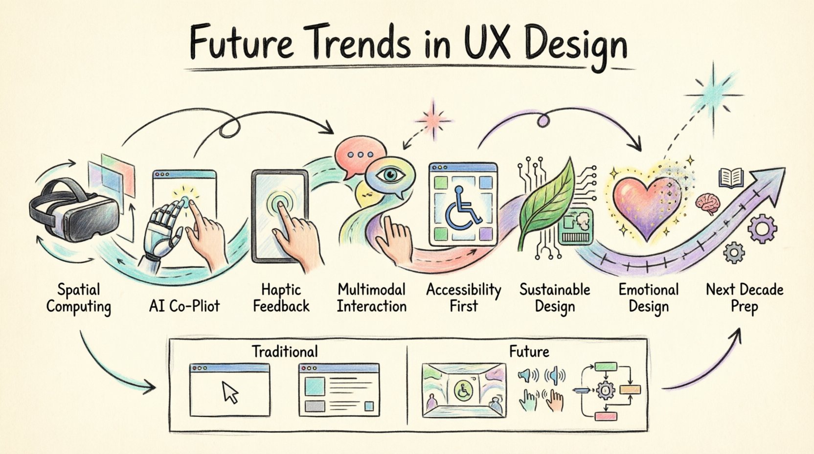 Hand-drawn infographic illustrating 8 future trends in UX design for HCI and industrial designers: spatial computing with 3D interfaces, AI as design co-pilot, haptic feedback technology, multimodal voice-gesture-gaze interaction, accessibility-first inclusive design, sustainable ethical practices, emotional psychology in UX, and preparation strategies for the next decade, featuring a visual comparison of traditional 2D screens versus future spatial adaptive interfaces, rendered in thick-outline sketch style with watercolor accents