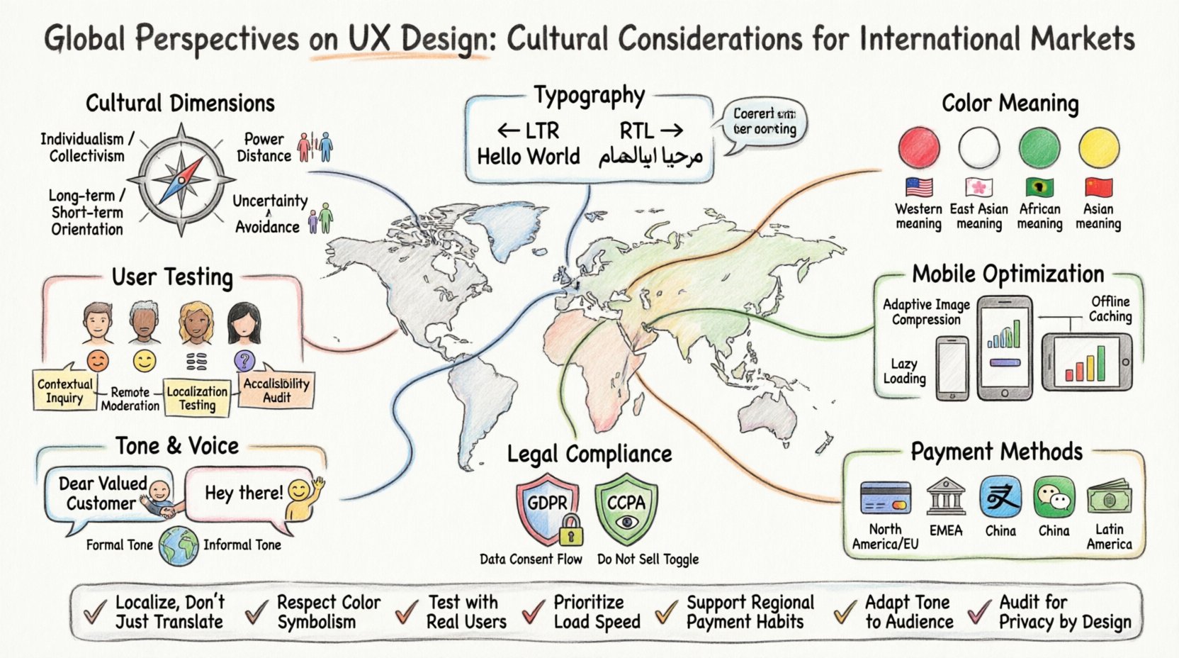 Marker-style infographic illustrating global UX design cultural considerations: world map central visual with 8 sections covering cultural dimensions, color symbolism across regions, typography for LTR/RTL languages, mobile usage patterns, regional payment methods, content localization tone, international user testing, and legal privacy compliance, with key takeaways for designing inclusive international digital products