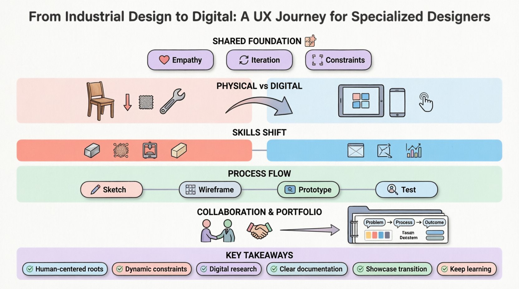 Infographic illustrating the career transition from industrial design to UX design: shows shared foundations (empathy, iteration, constraints), comparison of physical vs digital constraints, skills shift table, design process flow from sketch to screen, collaboration tips with developers, portfolio building strategies, common challenges with solutions, and key takeaways for designers. Flat design style with black-outlined icons, pastel accent colors in sky blue and coral pink, rounded shapes, and clean white space layout optimized for students and social media sharing.