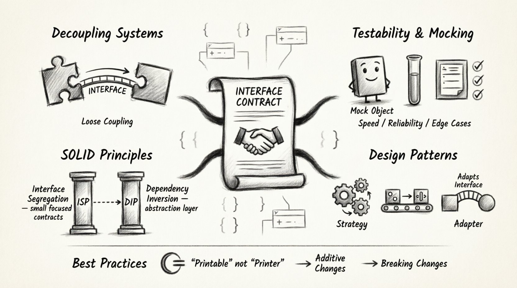 Charcoal contour sketch infographic illustrating the role of interfaces in modern object-oriented development: central interface contract concept surrounded by four key sections—decoupling systems through abstraction, enhancing testability with mocking, SOLID principles (Interface Segregation and Dependency Inversion), and practical design patterns (Strategy, Factory, Adapter)—plus best practices for maintainability, scalability, and evolving interfaces in software architecture