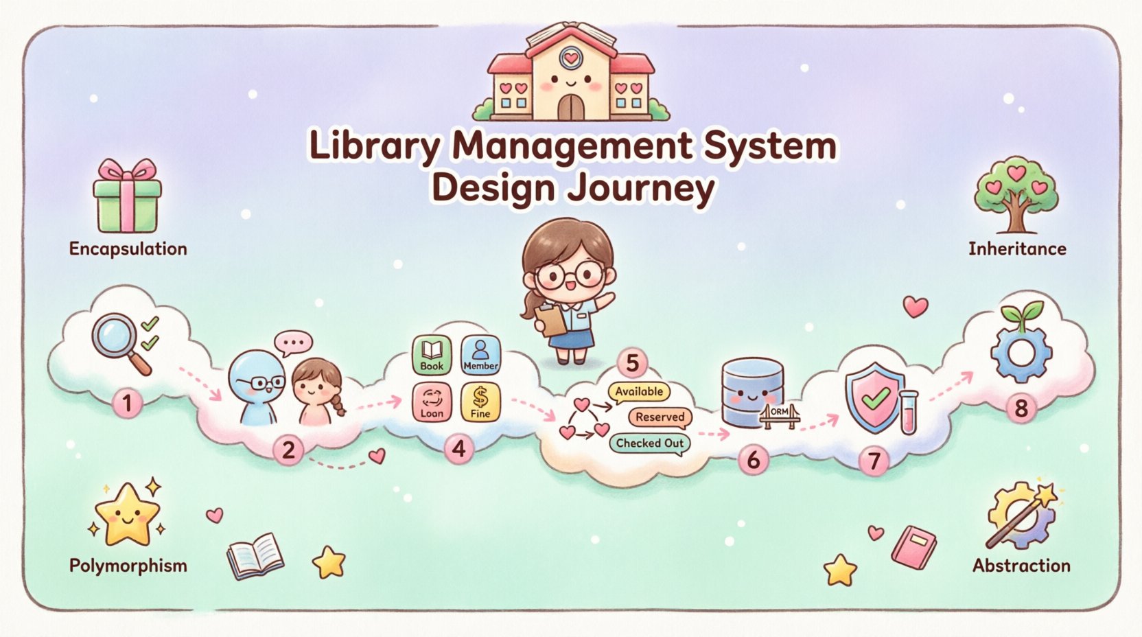 Cute kawaii vector infographic illustrating the 8-phase Object-Oriented Analysis and Design process for a Library Management System: requirements elicitation, use case modeling, class design, relationships, behavioral modeling, database mapping, testing strategies, and scalability - featuring pastel colors, rounded shapes, chibi librarian character, and friendly icons for books, members, loans, and OOAD principles