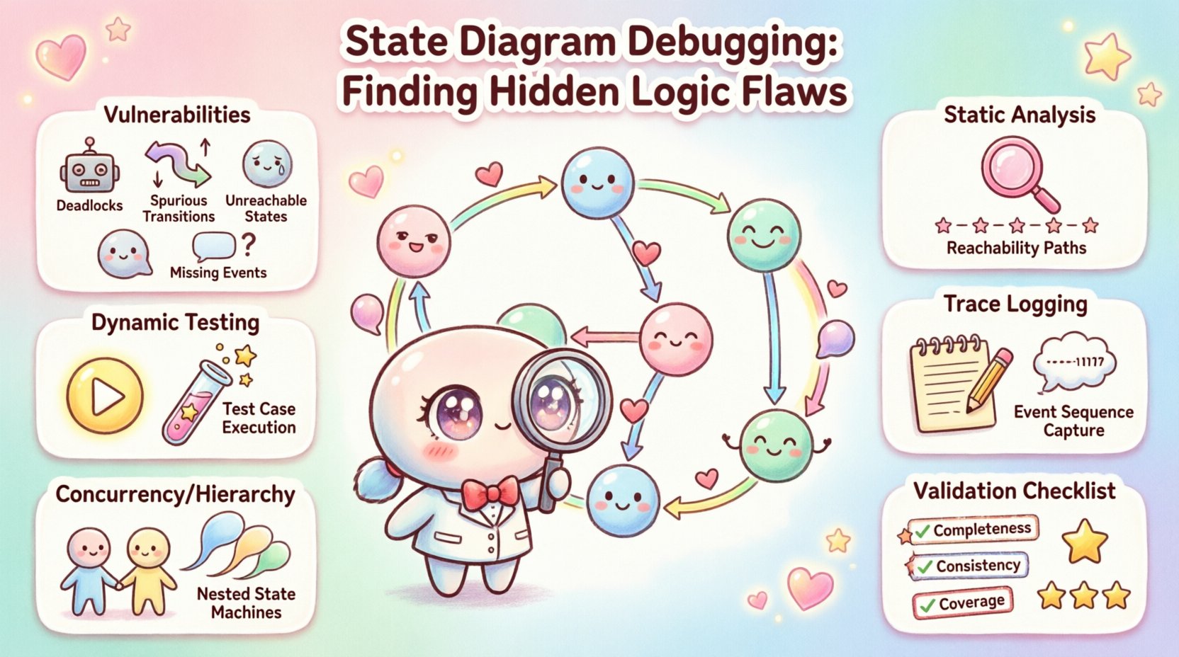 Kawaii-style infographic illustrating state diagram debugging strategies including vulnerability identification (deadlocks, unreachable states, missing events), static analysis (reachability, transition completeness, cycle detection), dynamic testing (path coverage, stress testing), trace logging, and concurrency handling, featuring cute detective character, pastel colors, and playful icons for approachable technical education