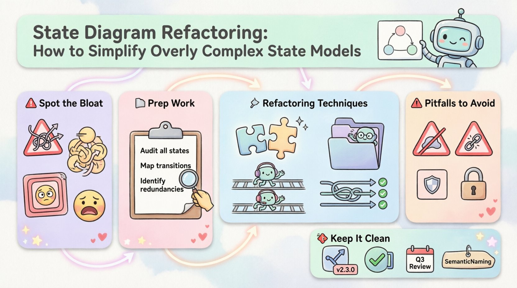 Kawaii-style infographic illustrating state diagram refactoring techniques: identifying bloated models (spaghetti logic, high fan-out), preparation steps (audit, goal-setting), four core techniques (state merging, hierarchical substates, orthogonal regions, transition consolidation), common pitfalls to avoid, and maintenance best practices - all presented with cute pastel visuals, friendly icons, and clear visual hierarchy for accessible learning