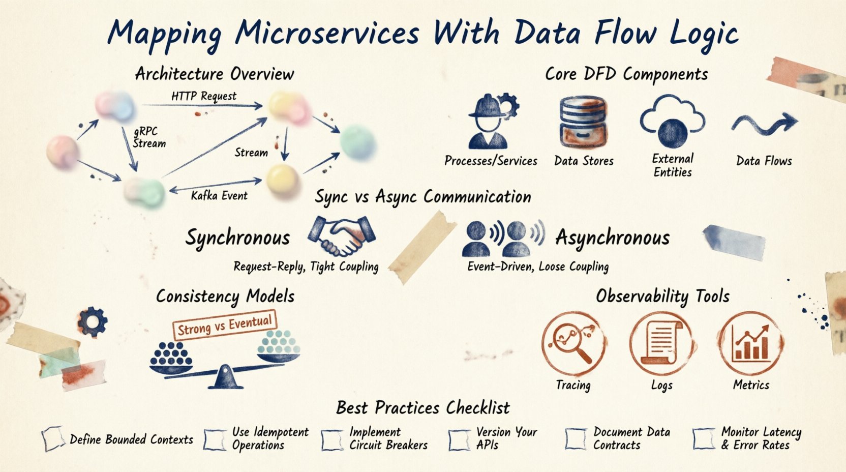 Stamp and washi tape style infographic summarizing microservices data flow mapping: illustrates architecture components (services, data stores, external entities), synchronous vs asynchronous communication patterns, strong vs eventual consistency models, observability practices, and best practices for maintaining distributed system diagrams with decorative craft-style elements